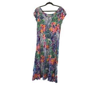 Jams World Floral Tropical Flower Blue Flutter Sleeve Long Dress Sz M